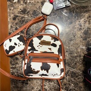 Wrangler White and Brown Cow Print Backpack